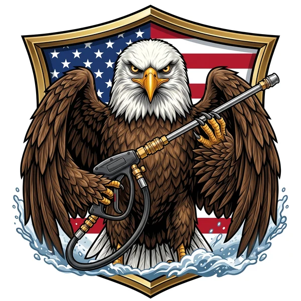Veteran's Edge Precision eagle mascot holding a pressure washing wand