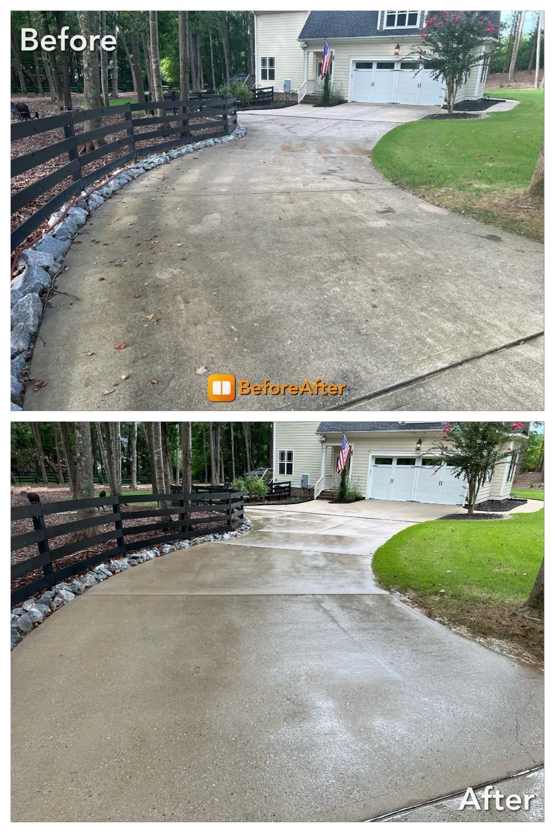 Before and after driveway pressure washing result
