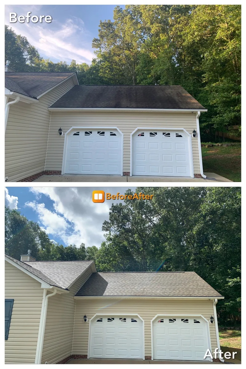 Before and after roof cleaning result above a garage