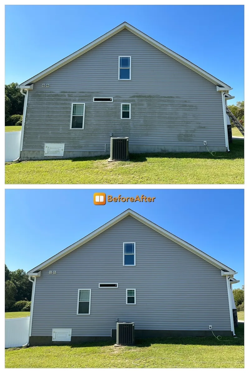 Before and after siding soft wash result on a large home exterior